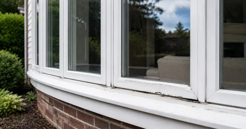 technician inspecting bow window frame and seal for damage in Lincoln