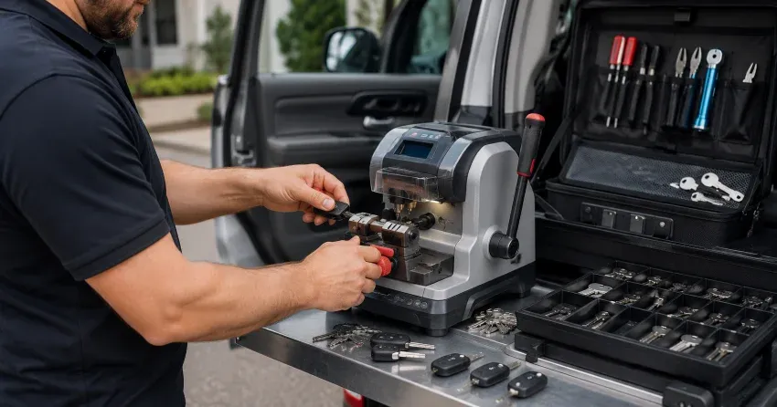 technician cutting a replacement car door lock key in Lincoln Benchlands, Lincoln