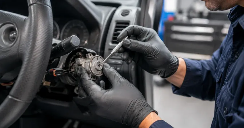 technician diagnosing an ignition lock repair issue in Lincoln