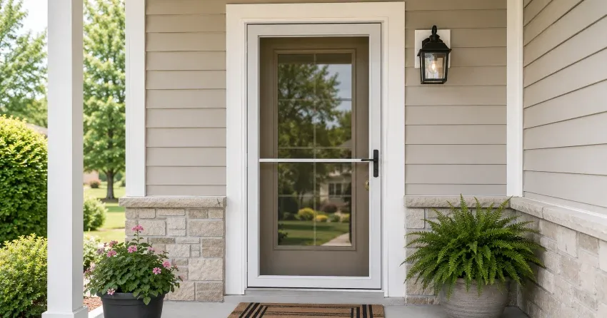 technician hanging storm door square and plumb in Vineland, Lincoln