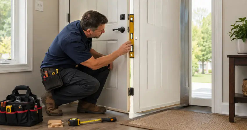 technician diagnosing a misaligned door frame in Jordan, Lincoln