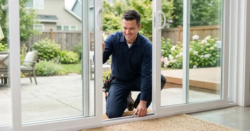 technician diagnosing a sticking patio door in Twenty Valley, Lincoln