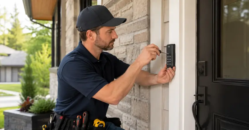 Technician installing an access control system keypad beside a residential front door in Jordan, Lincoln