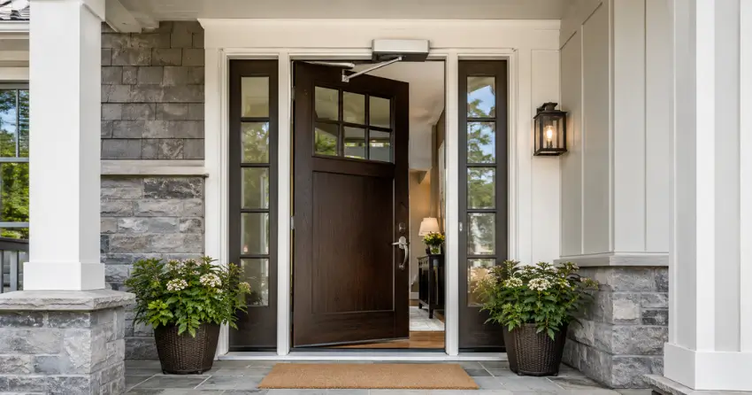 residential automatic door opener installed on exterior entry door in Prudhommes, Lincoln