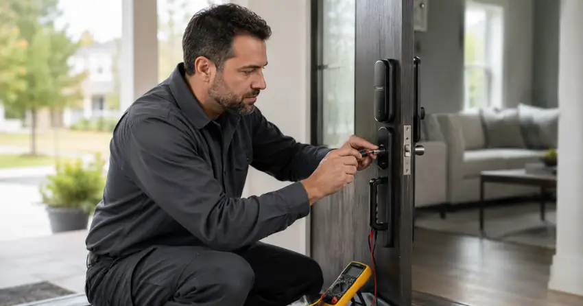 technician diagnosing automatic door lock mechanism on residential door in Twenty Valley, Lincoln