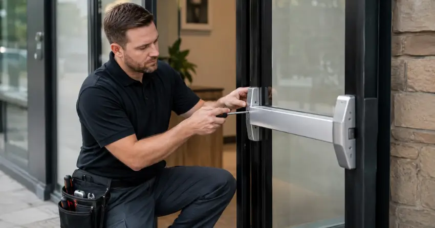 commercial locksmith repairing exit device on storefront door Prudhommes, Lincoln