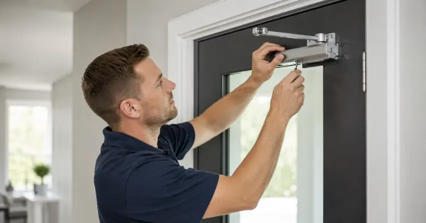 technician adjusting door closer hydraulic valve in Niagara Escarpment Area, Lincoln home
