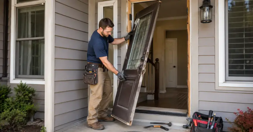 old exterior door being removed for replacement in Rural Lincoln, Lincoln