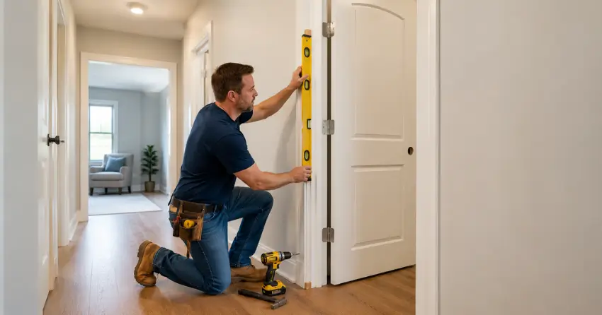 technician installing a pre-hung interior door in a home hallway Tintern, Lincoln