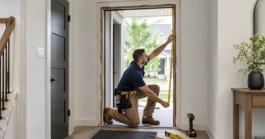 technician measuring a door frame before new door installation in Tintern, Lincoln