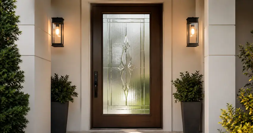decorative frosted glass panel installed in a front door in Jordan, Lincoln