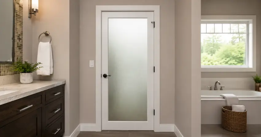 frosted glass panel bathroom door installed in a Prudhommes, Lincoln home