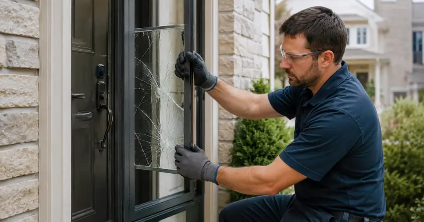 technician removing cracked storm door glass panel in Beamsville, Lincoln