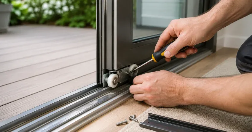 sliding door fix Vineland East, Lincoln technician diagnosing track issue