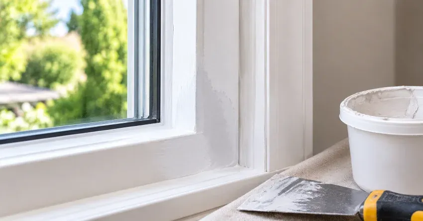 technician repairing rotted window frame corner in Lincoln