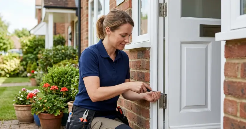 technician repairing exterior door hinge and frame in Vineland East, Lincoln