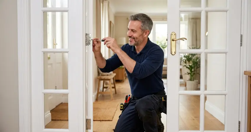 technician adjusting French door hinge for proper alignment in Twenty Valley, Lincoln