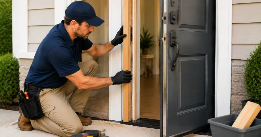 technician inspecting damaged door frame corner in Twenty Valley, Lincoln