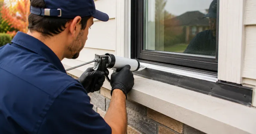 technician inspecting window flashing for leak source in Downtown Beamsville, Lincoln
